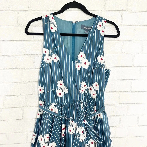 Modcloth Blue & White Striped Floral Fit & Flare Sleeveless Dress Pockets NEW - Picture 4 of 10